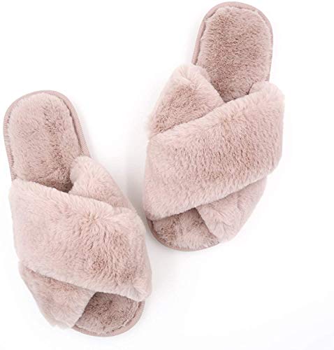The Season Essentials U-slide Women’s Cross Band Soft Plush Fluffy Furry Fleece House Indoor or Outdoor Ladies’ Slide Slippers (Powder Pink, Large/9-10)3