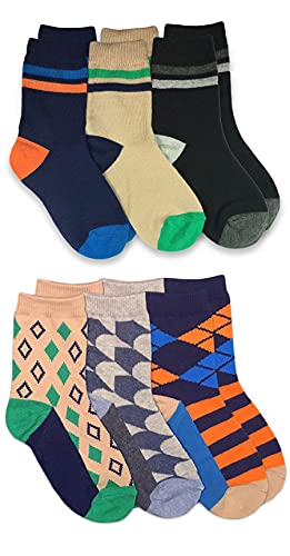 Jefferies Socks Boys Fashion Crew Socks 6 Pair Pack (Small, Diamond/Stripe)
