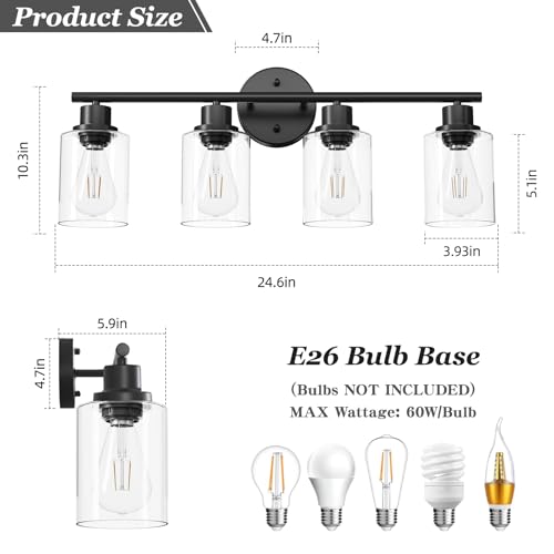 Image of 4-Light Black Bathroom Light Fixtures, E26 Modern Vanity Lights for Bathroom with Clear Glass Shade, Wall Lamps for Mirror Hallway Kitchen Cabinet Living Room Sconces Lights