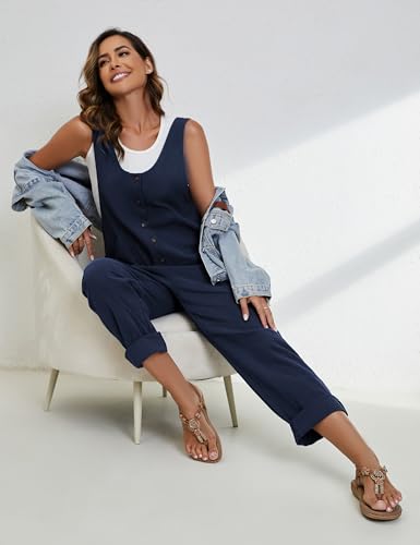 Image of Yeokou Womens Overalls Linen Cotton Jumpsuits Loose Casual Jumpers with Pockets
