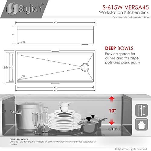 Stylish 45 Inch X 19 Inch Stainless Steel Double Bowl Undermount 16G Workstation Reversible Ledge Kitchen Sink With Basket Strainer, Grids, Drying Rack,Cutting Board,Serving Boards And Colander S-615W #TOP7