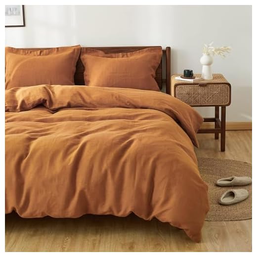Simple&Opulence 100% Linen Duvet Cover Set 2pcs Natural French Basic Style Washed Flax Solid Color Breathable Soft Farmhouse Bedding with Button Closure (Rust, Twin)