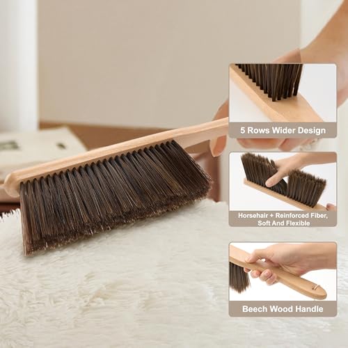 Hand Broom, 3 Pcs Dust Brush Set, 5 Rows Wider Horsehair Brush with Reinforced Fiber and Beech Wood Handle, Soft and Flexible for Furniture, Sofa, Bed, Clothes, Carpet, Counter, Bench by DF DUALFERV - Image 2