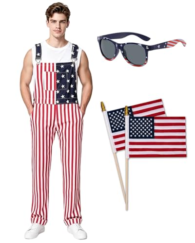 Esiaphia American Flag Overalls Men-4th of July Patriotic Bib Overalls with Accessories Adjustable Straps Jumpsuit for Men Women (R/W B Medium)
