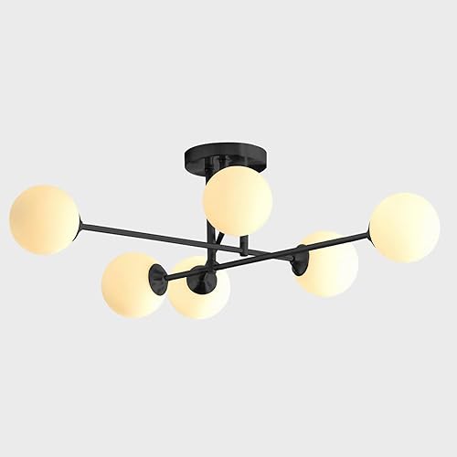 Miniatura 14 de Moderna lámpara de araña Sputnik de globo, lámpara de techo de montaje empotrado, estilo mitad del siglo, 6 luces, latón cepillado dorado, lámpara