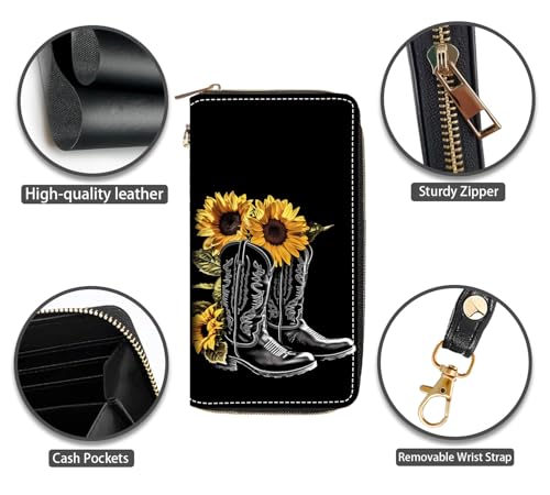 Western Cowboy Boots With Sunflower Print Women Large Capacity PU Leather Zip Around Wallet, Multifunctional Clutch Purse for Cash/Card/Coin/Smart Phone4