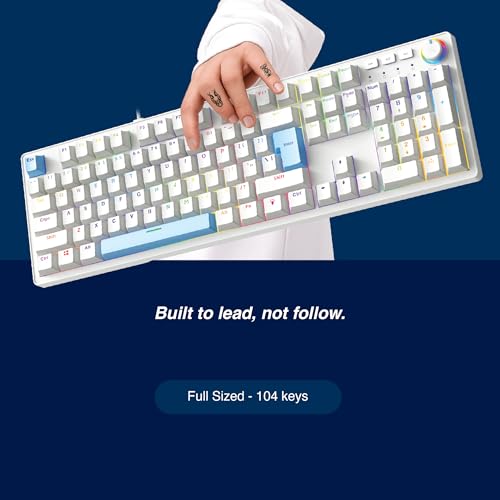 Image of FINGERS Macho-MK1 Wired Mechanical Gaming Keyboard, White + Blue | Full-Size with 104 Keys, Linear Switches, 17 RGB Modes, Multi-Function Knob, 26 Anti-Ghosting Keys