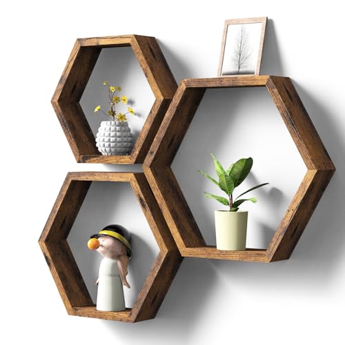 CADUKE Hexagon Floating Shelves, Set of 3 Farmhouse Honeycomb Shelves