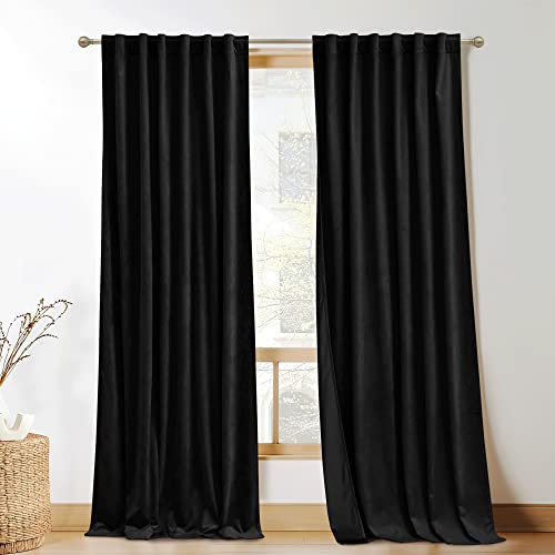 KGORGE Lot de 2 panneaux de rideaux super doux en velours pour fenêtre de chambre à coucher, salon, chambre d'enfant - Noir - 132 x 274,3 cm Cover