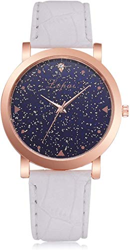 Damenuhr Quarz-Armbanduhr mit rundem Zifferblatt Sternenhimmel Muster mit Lederband für Elegante Frauen, Weiß