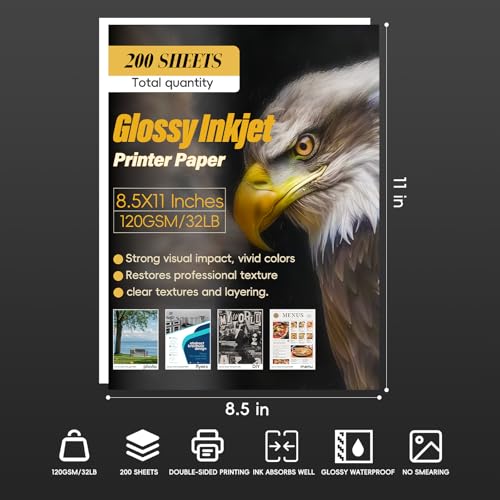 Glossy Inkjet Photo Paper 8.5x11 In, 200 Sheets 120GSM/32LB Double-sided Thin Instant Dry Printers Tear-Resistant Suitable for Brochure Postcard DIY Chip Bag,Flyers,Cards,Picture Use Dye Ink by Magecubiku - Used condition - US$15.67