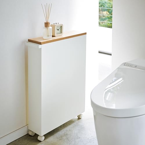 Yamazaki Home Rolling Slim Bathroom Utility Cart with Handle - Storage Shelf Narrow Organizer Rack Steel One Size White - Thumbnail 2