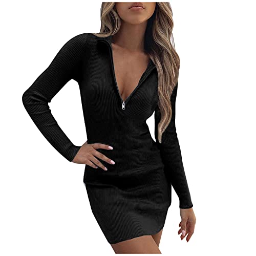 TRIGLICOLEUM Strickkleid Damen Sexy Einfarbige Etuikleid Winterkleid Reißverschluss V-Ausschnitt Pulloverkleid Winter Langarm Wickelkleid Bodycon...