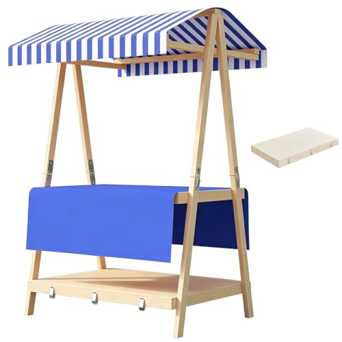 Carrito de Vendedor Plegable con Toldo, Estructura de Madera con Capacidad para 90 Kg, Puesto de Vendedor Plegable, Panel de Almacenamiento de Doble Capa(Blue,106cm/42in)