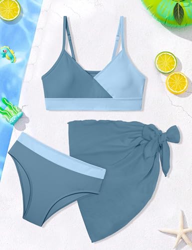 Image of Girls Swimsuit V Neck Bikini Set Color Block with Cover Up 3Pcs Bathing Suits