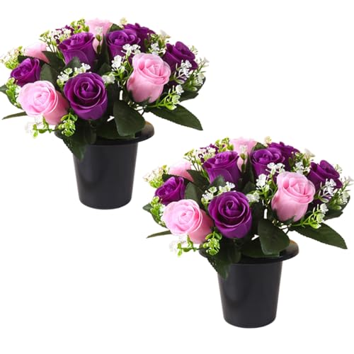 BDBFPAN Set di 2 decorazioni per tomba, resistenti alle intemperie, fiori artificiali per tomba, cimitero, resistente alle intemperie, adatto per cimitero, decorazione commemorativa, manutenzione