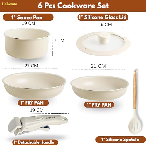 Image of 6 Pcs Pots and Pans Non Stick Cookware Combo Set Induction Ready, with Detachable Handle, Stackable Kitchen Cooking Set Removable Handles, Oven Safe, frypan Tea pan Utensils (Cream White)