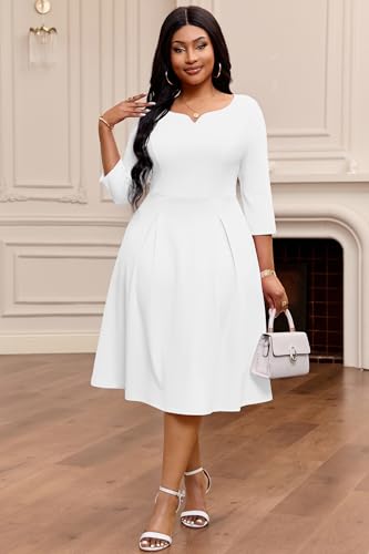 Image of Nmoder Fit-and-Flare Midi Dress V-Notch Neck Casual Dress Side Pockets | V-notch neckline;A-line swing silhouette; Soft breathable fabric; Perfect for church wedding guest work daily wear
