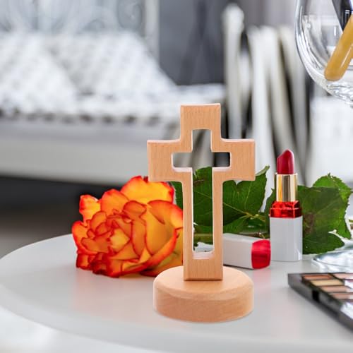 Cruz de madera para regalo religioso artesanal con base decorativa de haya 3