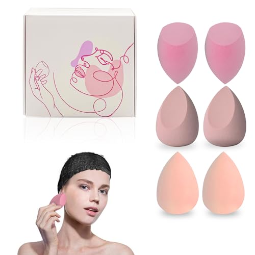 Esponja Maquillaje + Diadema - 6PCS Esponjas para Base Maquillaje Cara Profesional – Corrector, Colorete – Sin Látex – Uniforme y Natural (Set 6 esponjas + Diadema de Maquillaje)