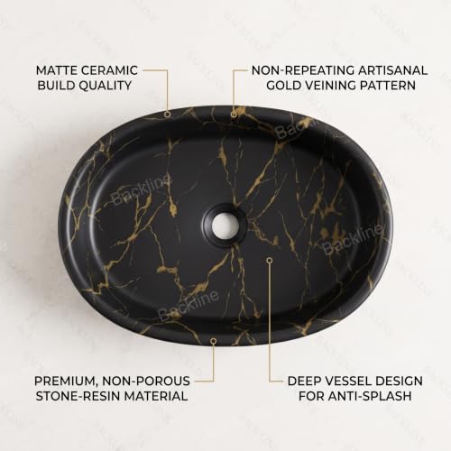 Image of Backline 20x13x5.5 Inche Table Top Wash basin | Basin for Bathroom | Countertop Bathroom Basin For Restaurant /Dining Hall /Living Room /Home (Black Matt)