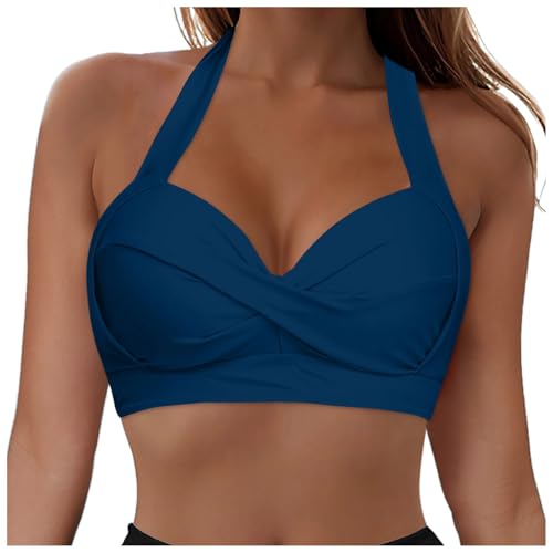 Women Push Up Bikini Top Halterneck Plus Size V Neck Swim Top Sports Bra Padded Swimwear Adjustable Athletic Swimsuits Swimming Tops Sexy Bathing Suit Bikini Cover Up Tops for Beach Pool (Blue, XXL)