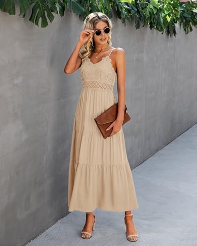 Image of Dokuritu Women's Beach Crochet Lace Maxi Dress Solid Color Summer Vacation Wedding Guest Spaghetti Strap Long Dress