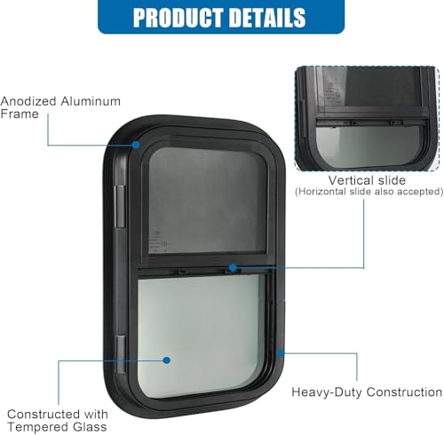 Image of Vertical RV Window, 14 inch W x 16 inch H Tinted Sliding RV Window with Net Screen and Trim Ring, Suitable for 1-1 /8 inch Thick Walls, DOT Approved