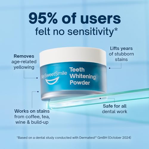 mysweetsmile teeth whitening powder - dentist-approved amp enamel-safe  6 month supply  tea coffee wine amp smoking stain remover  non-sensitive formula  peroxide free  cool mint flavour