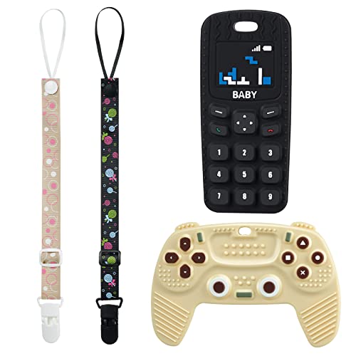 2PCS Silicone Baby Teething Toys, Game Controller Teething Toys and Phone Teething Toys with 2PCS Pacifier Clip,BPA Free Silicone Baby Controller Teething for 3+ Months,Frozen Chew Toy(Black&amp;Beige)