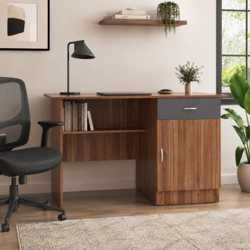 Image of 120x60x75 CM Engineered Wood Study & Office Table | 1 Year Warranty | Compact Table with 1 Open Shelf, Drawer & Cabinet for Work from Home | Easy DIY Assembly- Lyon Walnut & Gothic Grey