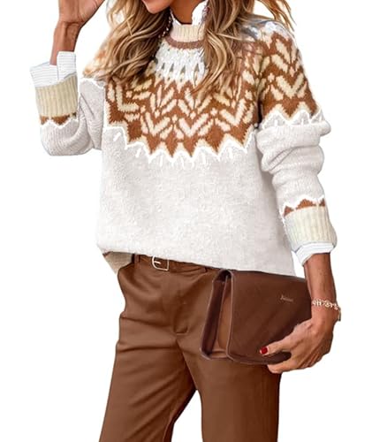 Image of EARKOHA Women's Casual Mock Neck Ribbed Sweater Pullover 2026 Fall Long Sleeve Print Fair Isle Sweater Top