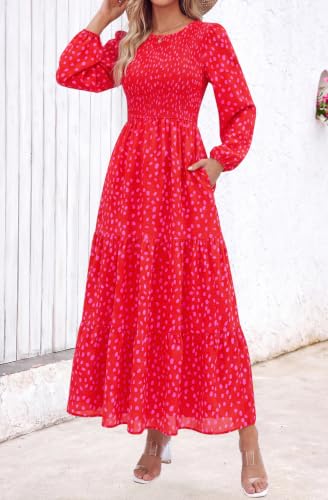 Image of PRETTYGARDEN Women's Fall Dresses 2026 Long Sleeve Flowy Casual Floral Maxi Dress Crew Neck Smocked Tiered Long Dress