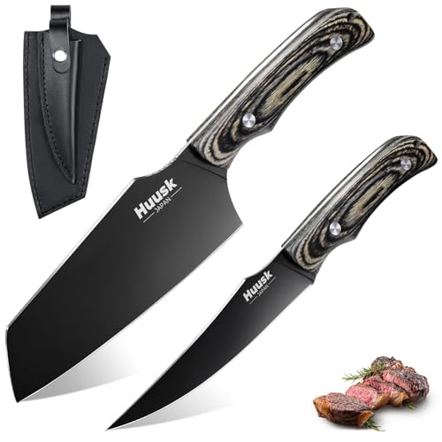 Huusk Butcher Knife Set 2PC-Sharp Meat Cleaver Full Tang Boning Knife with Leather Sheath Titanium Plated Kitchen Chef Knives for Outdoor Camping Thanksgiving Christmas Black