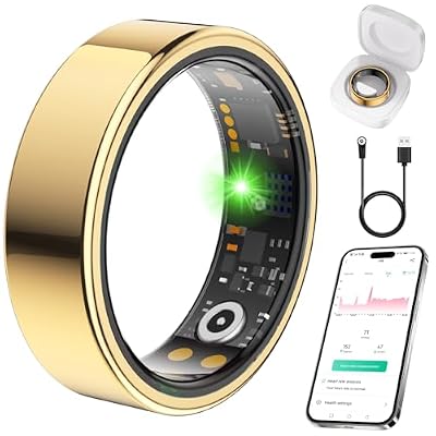 Smart Ring for Women Men Fit Ring with Sleep Monitor, Heart Rate, Blood Oxygen Step Counter, IP68 Waterproof Fitness Ring, No Subscription Fee, Compatible with iOS & Android (Gold, 8#)