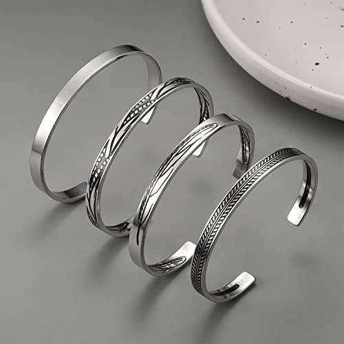 JeweBella 4 Stück Armreif Armband für Herren Damen Edelstahl Vintage Offen Maschette Armband Set Stapelbar Blatt Feder Armband Schmuck Geschenk – Bild 7