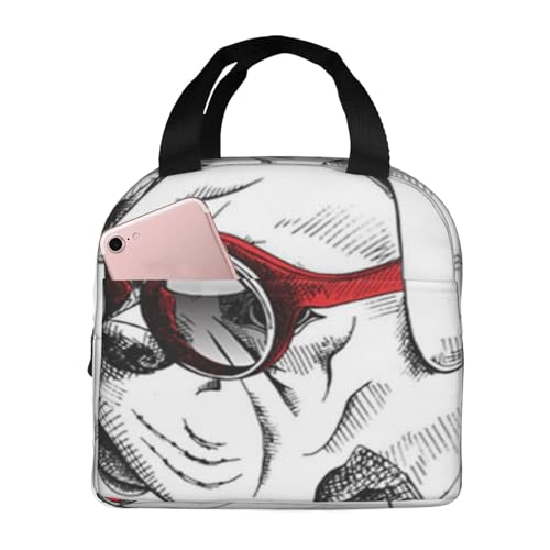 断熱ランチバッグ、大容量、防水、熱漏れ防止、スタイリッシュで丈夫、仕事、学校、アウトドア活動に便利、ユニセックス(赤いサングラスをかけた犬ブルドッグのポートレート、ベクターイラスト、ヒップスター)