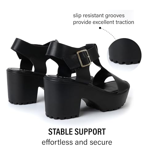 J. Adams Corby Platform Sandal - Low Heel T-Strap Open Toe Flatform Ankle Strap, Black Pu, 8.54