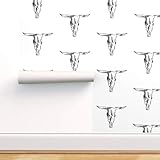 Spoonflower Peel and Stick Removable Wallpaper, Cow Skull Black White Modern Boho Bull and Western...