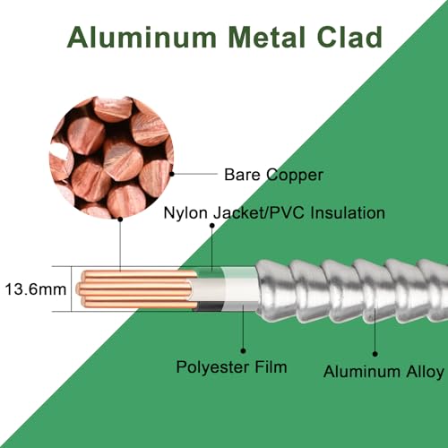 Image of 50ft 10 /2 Metal Clad (MC) Cable with Ground, 10 Gauge Electric Wire with Aluminum Armor, Solid Bare Copper Conductors for Indoor Outdoor Underground Embedded Installation (10 /2, 50 ft)