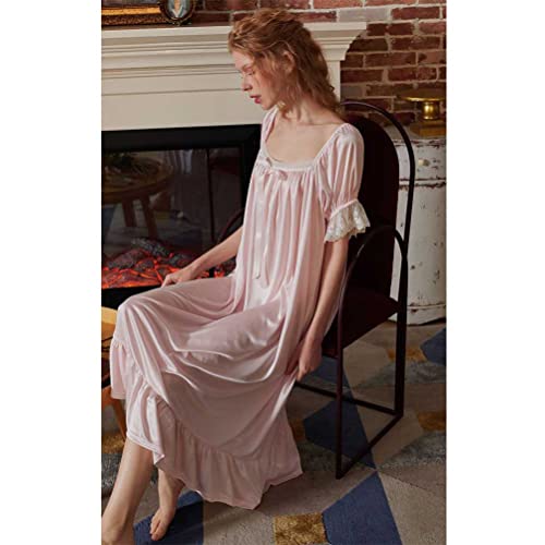 Women Classy Satin Nightgown Vintage Victorian Pretty Nightdress Sleepwear Loungewear Bridal Nighties (Small, Pink) #TOP2