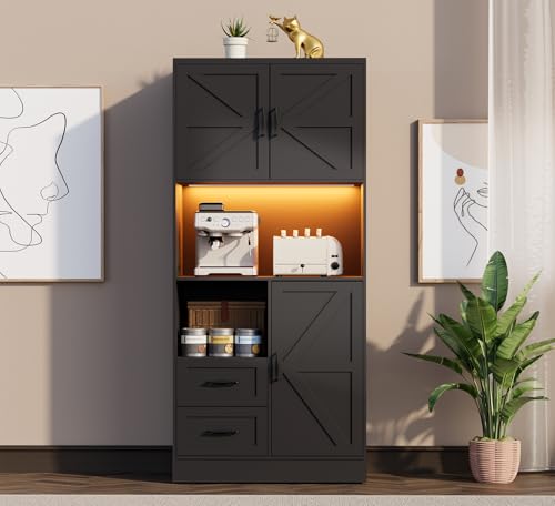 Image of Kitchen Pantry Storage Cabinet with LED Lights and Power Strip, Tall Farmhouse Kitchen Pantry with Barn Doors and Drawers, Adjustable Shelves for Dining Living Room (Black)