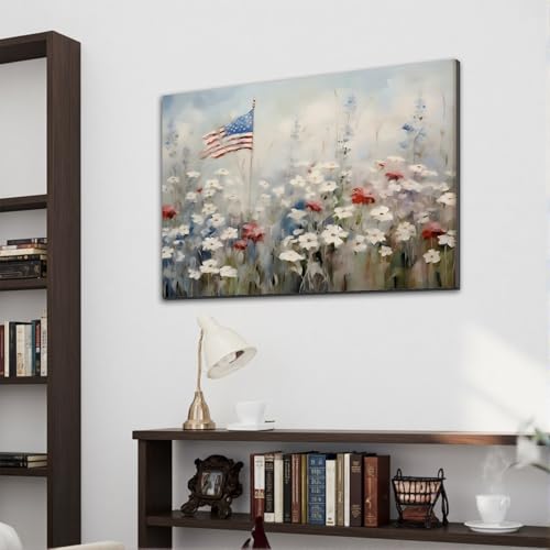 Image of Framed American Flag Wildflower Wall Art, Patriotic Floral Canvas Art Pictures, USA Flag Wall Decor for Living Room Bedroom Office, Ready to Hang Made in USA