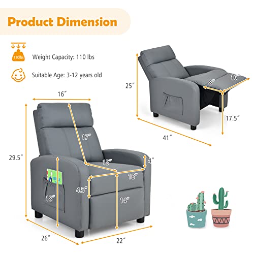 Image of Costzon Kids Recliner, Adjustable PU Leather Lounge Chair w /Side Pockets, Footrest, Headrest for Kids Room & Play Room, Easy to Clean, Padded Recliner Sofa for Children Boys Girls Aged 3-12 (Grey)