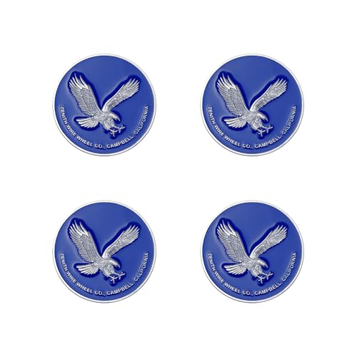 Image of Zenith Eagle Chrome & Blue Metal Wheel Chip Emblems (Set of 4) | Triple Chrome Plated Solid Metal Wheel Chip Emblems, 2.25 inch | for Lowriders with Recessed Knock Off Spinner Caps