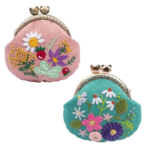 Image of MIAO JIN 2 Sets Stamped Embroidery Coin Purse Kits for Beginners Handmade DIY Embroidered Clutch Starter Kit with All Supplies Tools Bamboo Embroidery Hoops