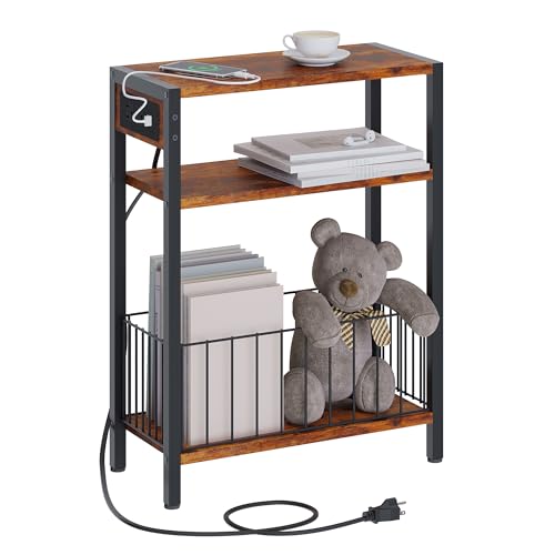 TRIFEBLE Narrow Side Table with Charging Station, Small End Table for Small Spaces, Slim Nightstand...