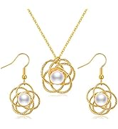 14K Gold Plated Genuine White Pearl Pendant for Jewelry Dainty Pearls Necklace Set Handmade Flowe...