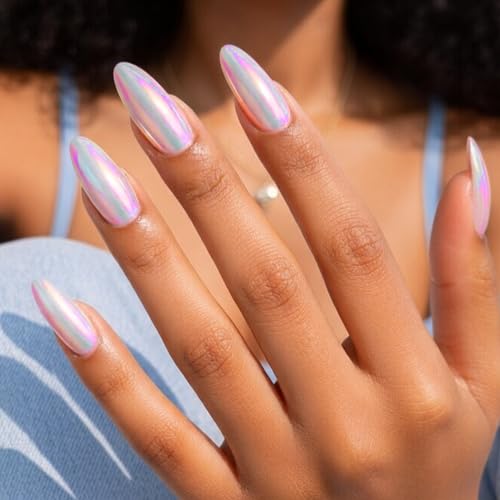 Image of Secret Lives Chrome Finish Almond Shape Press On Fake Artificial Nails Extension 24-Piece Set with kit For Girls Women