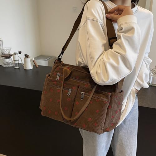 Image of Women Strawberry Bags, Corduroy Everyday Tote Bag Kawaii Shoulder Purse Handbag Crossbody Work Bag